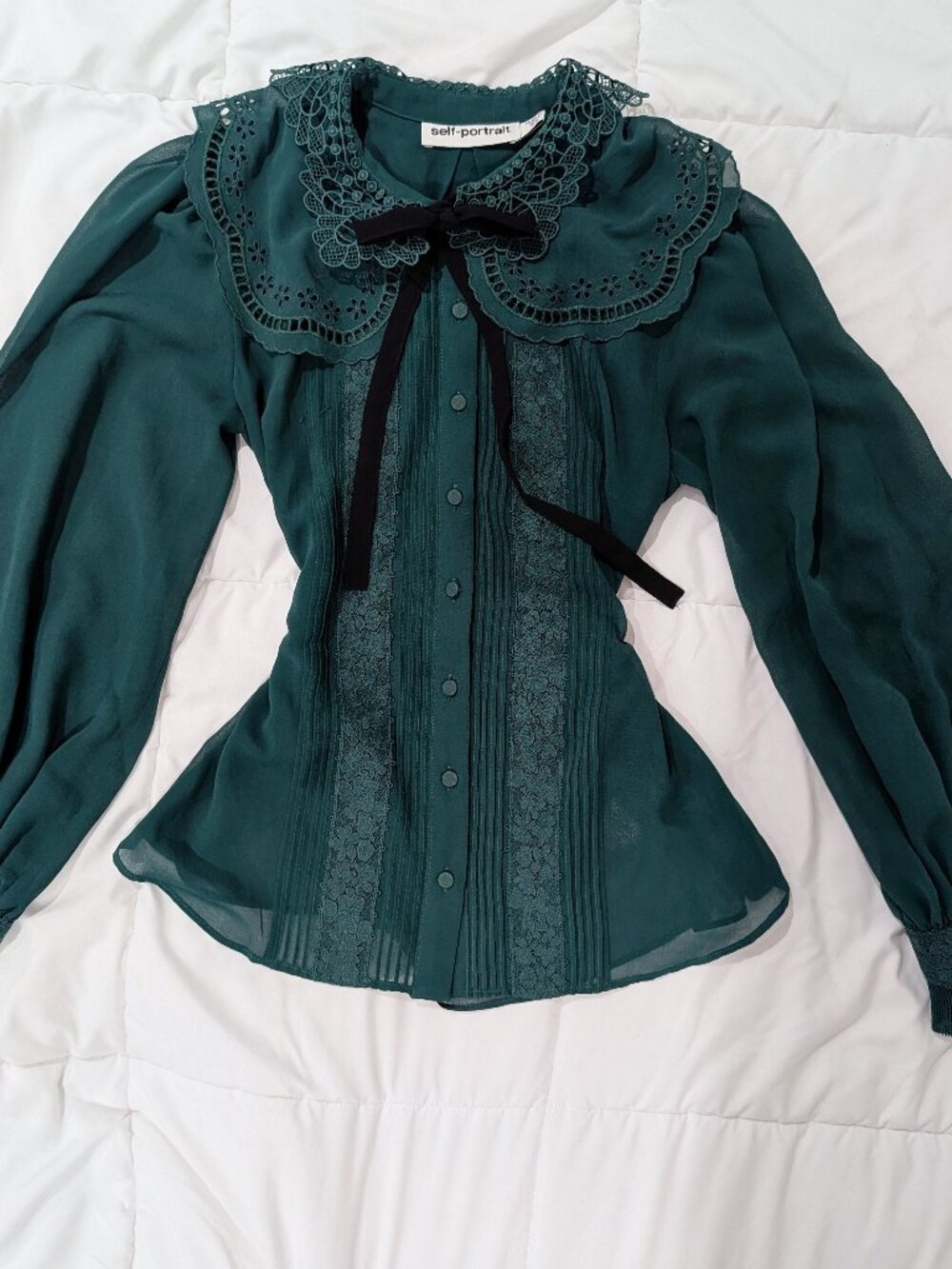 Self-Portrait Emerald Green Lace Blouse Black Bow